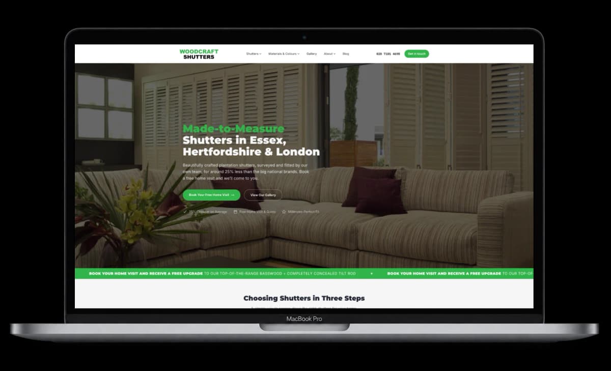 Woodcraft Shutters — Web Design & Development shown on a laptop