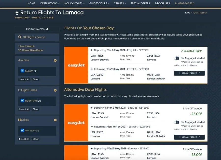 Cyplon Holidays — Flight Listing Page