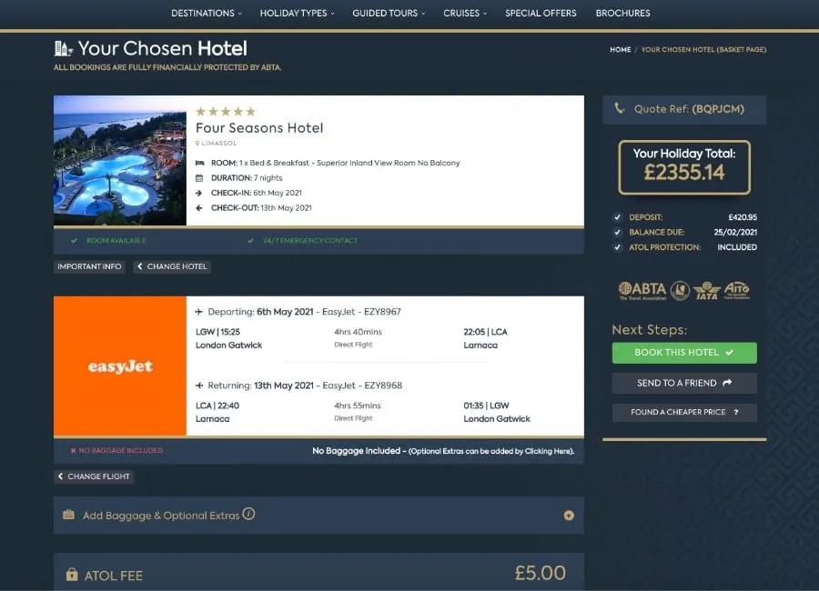 Cyplon Holidays — Booking Engine Basket Page