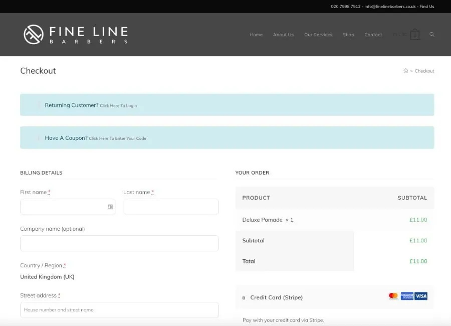 Fine Line Barbers — Basket Page (Checkout)