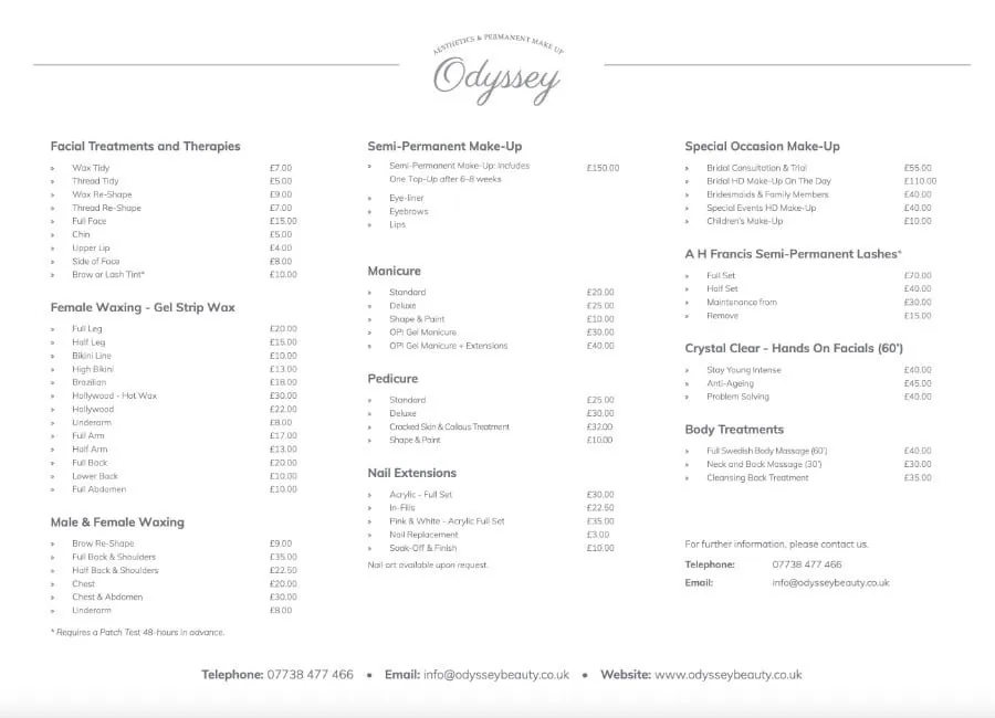 Odyssey Beauty — PDF Menu Design